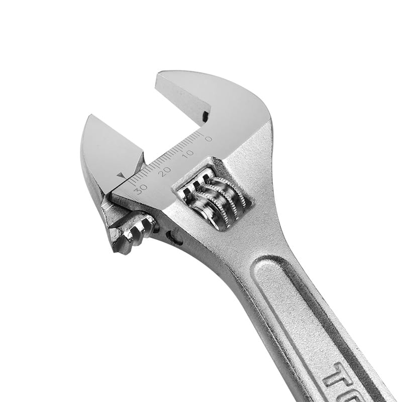 Close-up of the adjustable jaw and measurement scale on a Tolsen 10-inch adjustable wrench