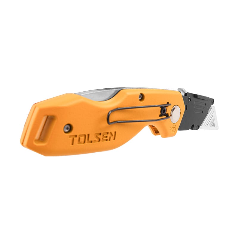 Side view of a Tolsen folding utility knife, showing the blade mechanism and pocket clip