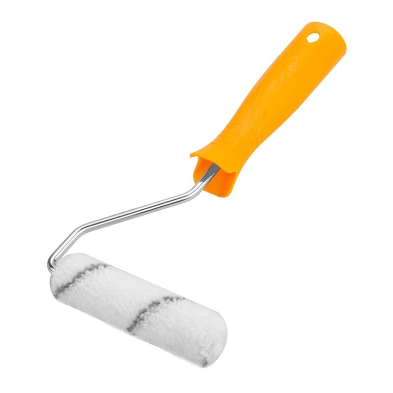 TOLSEN 4-Inch Paint Roller Frame with white roller cover featuring black diagonal stripes