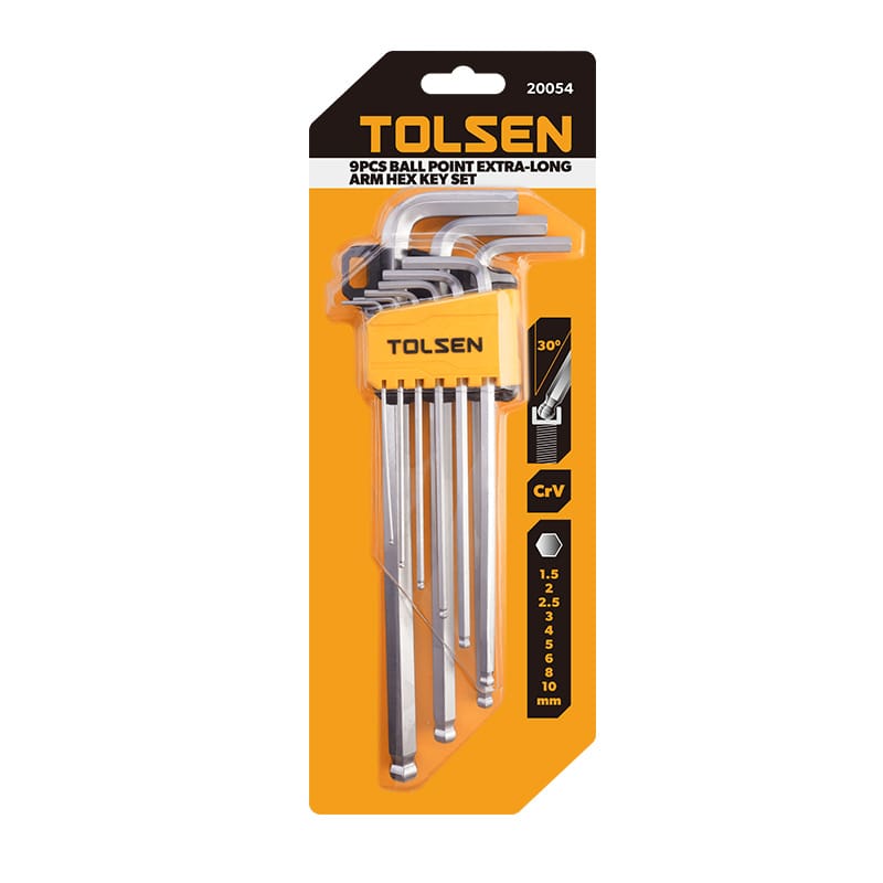 Tolsen 9pcs ball point extra-long arm hex key set in retail packaging