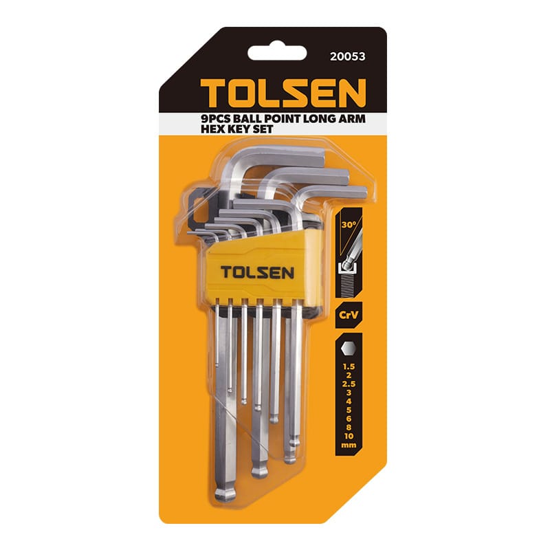 Tolsen 9pcs ball point long arm hex key set in retail packaging