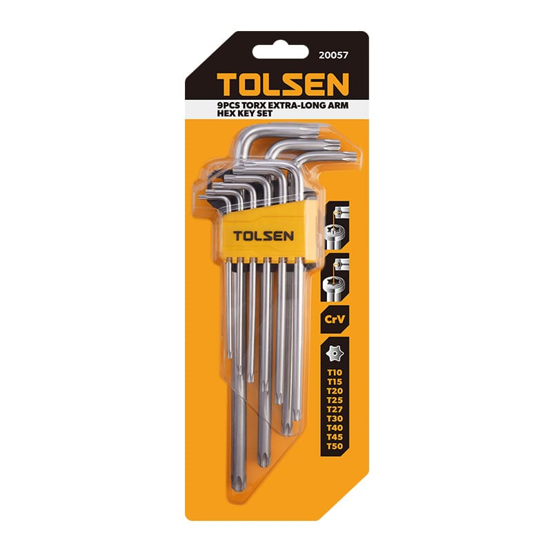 Tolsen 9pcs torx extra-long arm hex key set in retail packaging