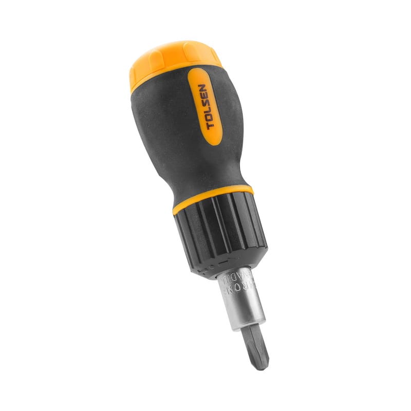 Close-up of Tolsen 2-way ratchet driver featuring an ergonomic yellow and black grip and adjustable ratcheting collar.