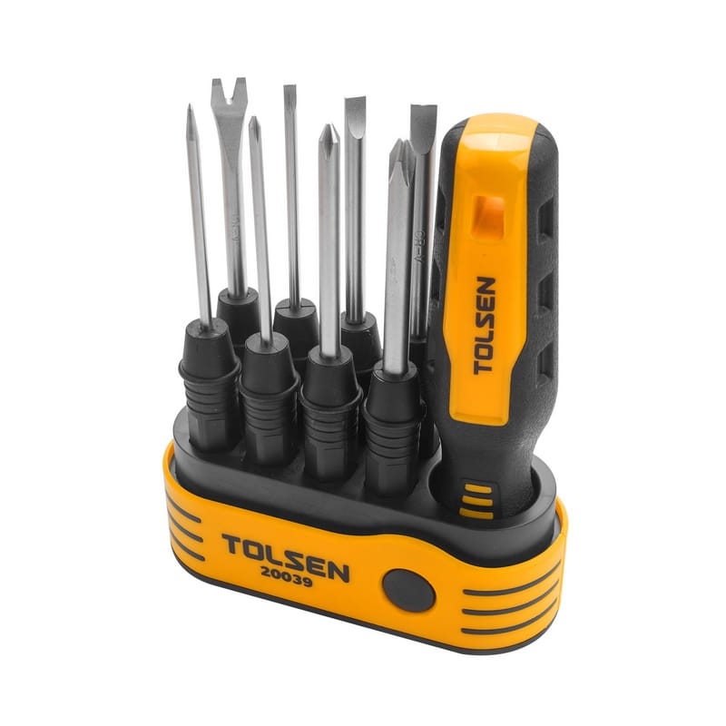 Tolsen 20039 8-in-1 interchangeable screwdriver set organized in a yellow storage case with various blade tips clearly displayed.