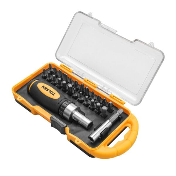 Open plastic storage case displaying Tolsen 26-piece ratchet screwdriver set with organized bits and handle.