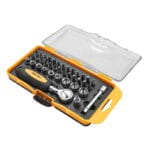 Open case of TOLSEN 38PCS Bits & Sockets Set displaying the ratchet handle, full assortment of bits, and metric sockets.