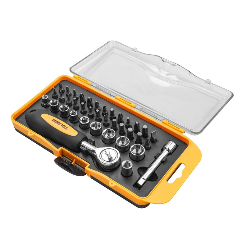 Open case of TOLSEN 38PCS Bits & Sockets Set displaying the ratchet handle, full assortment of bits, and metric sockets.