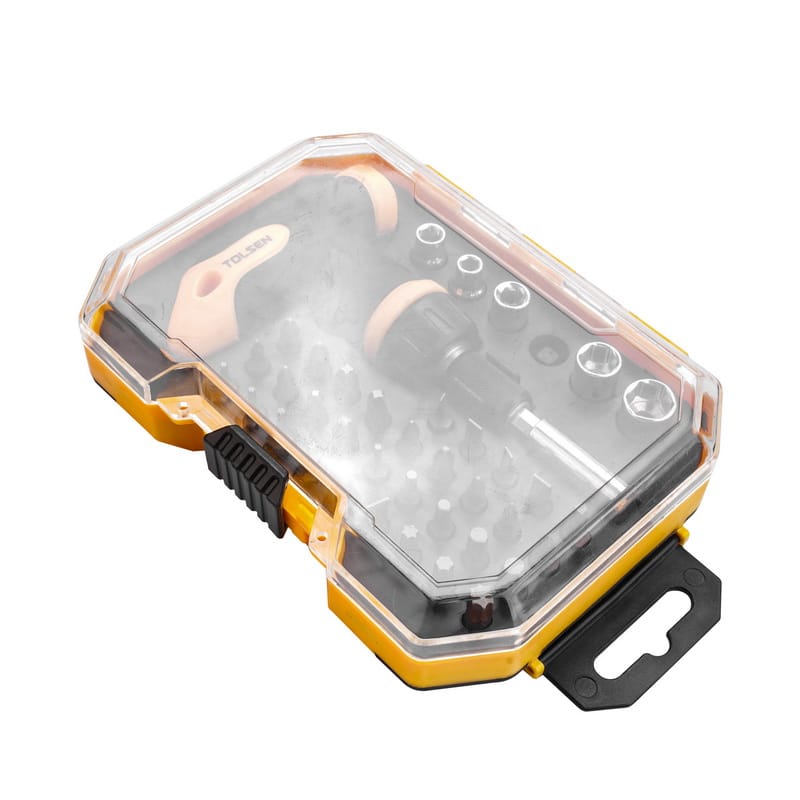 Compact closed storage case of the TOLSEN 41PCS Bits & Sockets Set with a durable hanging loop.