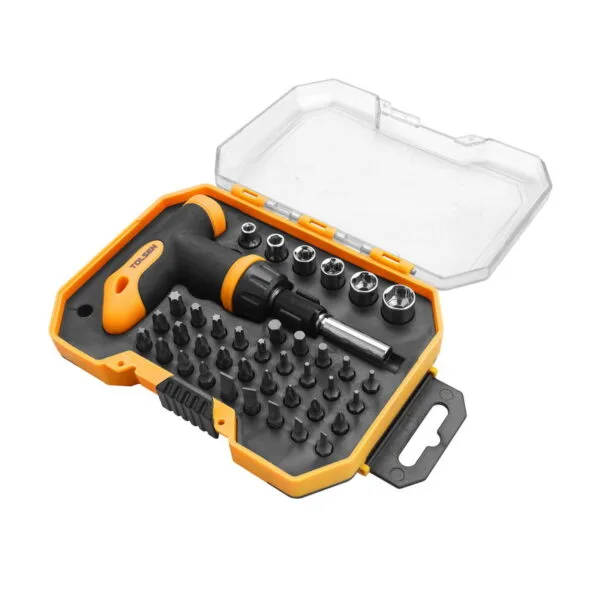 Open case view of the TOLSEN 41PCS set, displaying the T-handle ratchet driver, extension bar, sockets, and organized bit tray.