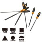 TOLSEN 6pcs Needle Files Set featuring black and yellow handles, displaying flat, flat warding, square, triangular, round, and half-round cross-section shapes