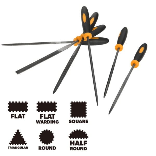 TOLSEN 6pcs Needle Files Set featuring black and yellow handles, displaying flat, flat warding, square, triangular, round, and half-round cross-section shapes