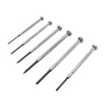 Tolsen 6pcs precision screwdriver set arranged diagonally, displaying assorted flathead and Phillips tips for electronics repair.