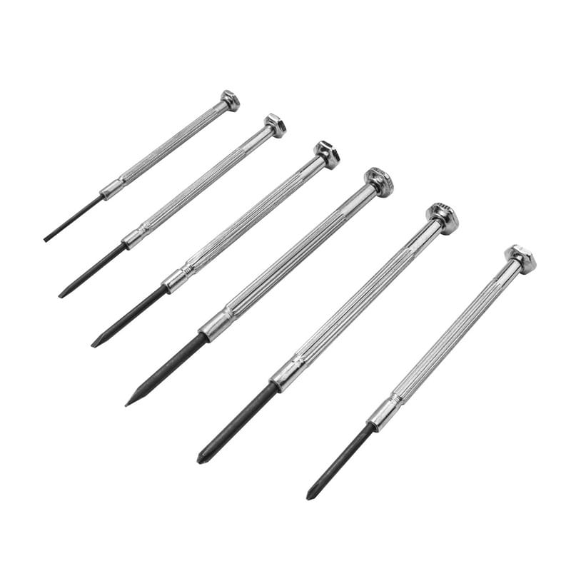 Tolsen 6pcs precision screwdriver set arranged diagonally, displaying assorted flathead and Phillips tips for electronics repair.