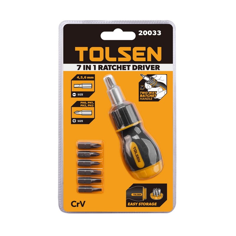 Blister packaging of Tolsen 7-in-1 ratchet driver set model 20033, showing CrV bits sizes and easy storage handle feature.