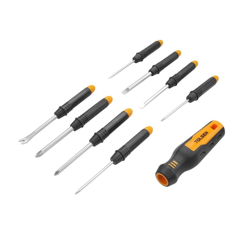 Disassembled components of the Tolsen 8-in-1 screwdriver set showing the ergonomic handle and assorted interchangeable steel blades including Phillips, Slotted, and awl tips.