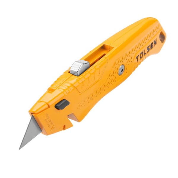 Tolsen heavy-duty retractable utility knife with a yellow aluminum alloy body and textured grip for secure handling.
