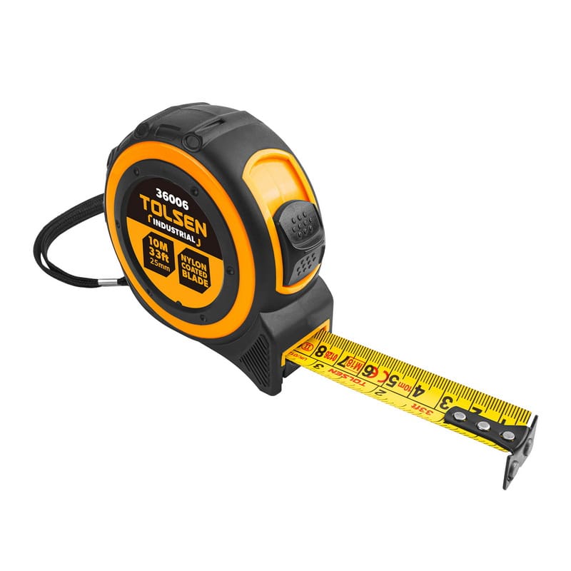 Tolsen Industrial 10m 33ft measuring tape partially extended showing nylon coated blade, model 36006.