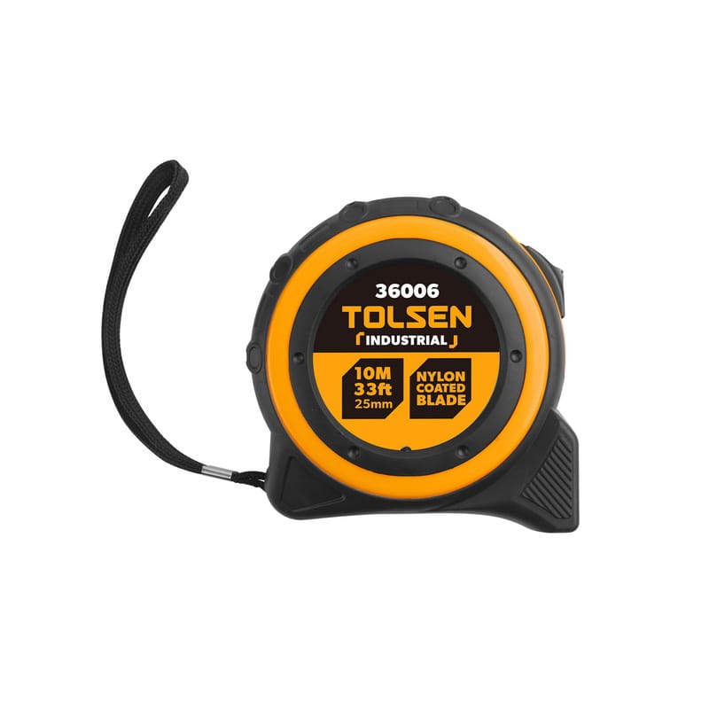 Front view of retracted Tolsen Industrial 10m 33ft measuring tape showing the lanyard and casing details, model 36006.