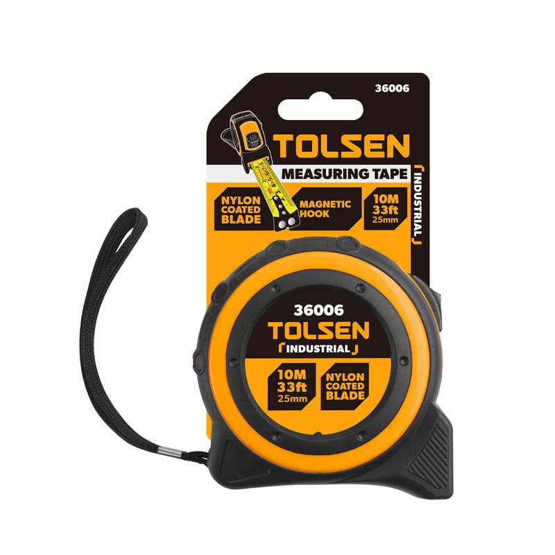 Tolsen Industrial 10m 33ft measuring tape retracted in its original retail packaging, model 36006.