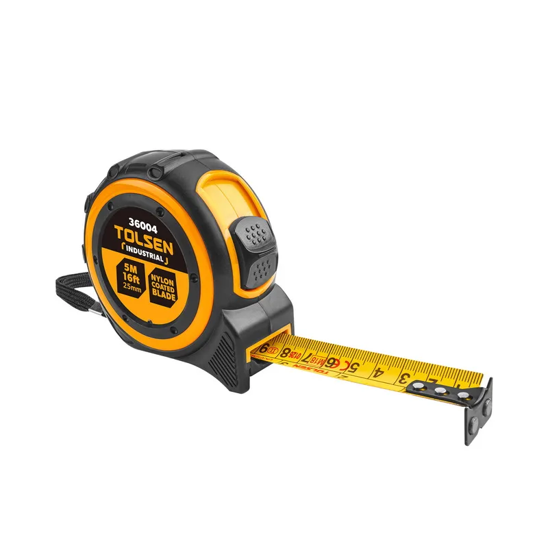 Tolsen Industrial 5m 16ft measuring tape partially extended showing nylon coated blade, model 36004.