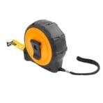 Back angle view of Tolsen measuring tape showing the heavy-duty metal belt clip, rubberized casing, and extended blade.