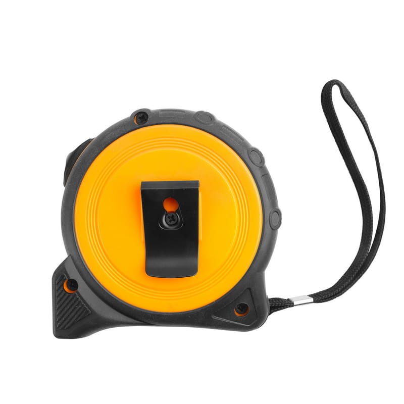 Flat back view of Tolsen measuring tape highlighting the black metal belt clip and attached hand lanyard.