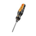 Fully assembled Tolsen multi-bit screwdriver featuring a black and yellow ergonomic grip ready for use.