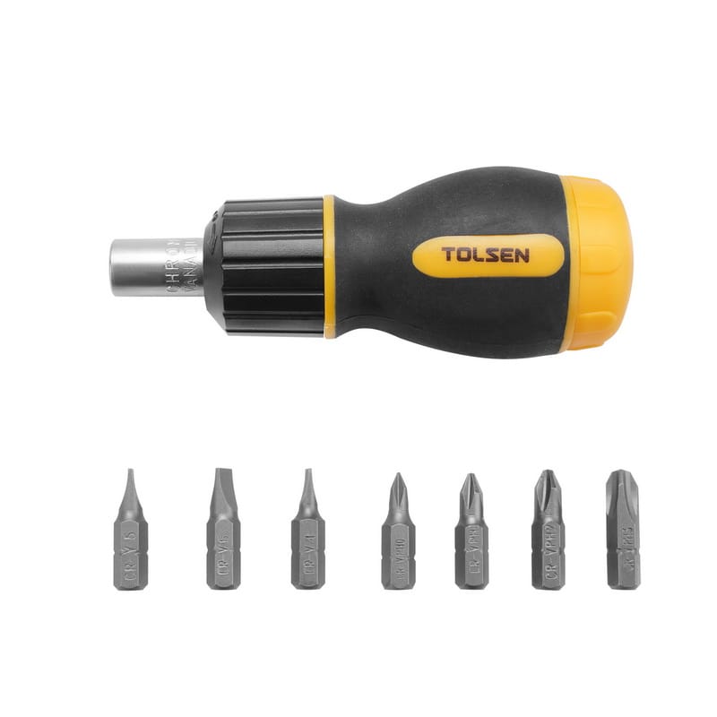 Side profile of Tolsen multi-bit screwdriver handle displayed alongside seven interchangeable flathead and Phillips drive bits.