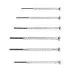 Horizontal flat lay of Tolsen 6-piece precision screwdriver kit, showing knurled metal handles and varying shaft lengths.