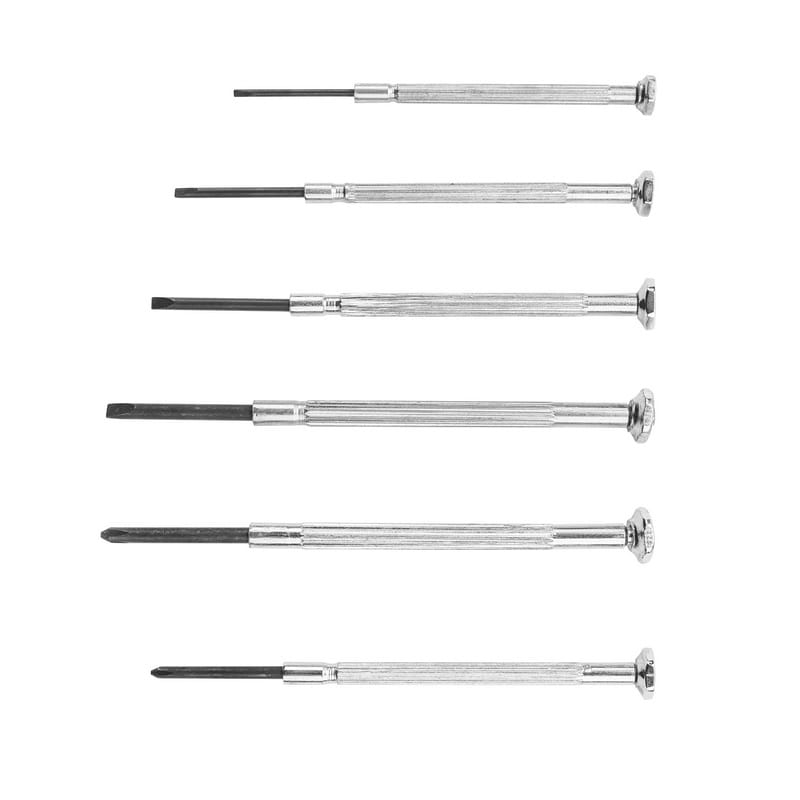 Horizontal flat lay of Tolsen 6-piece precision screwdriver kit, showing knurled metal handles and varying shaft lengths.