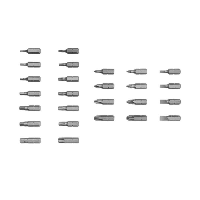 Close-up of the screwdriver bits assortment included in the TOLSEN set, featuring Hex, Torx, Phillips, and Slotted types.