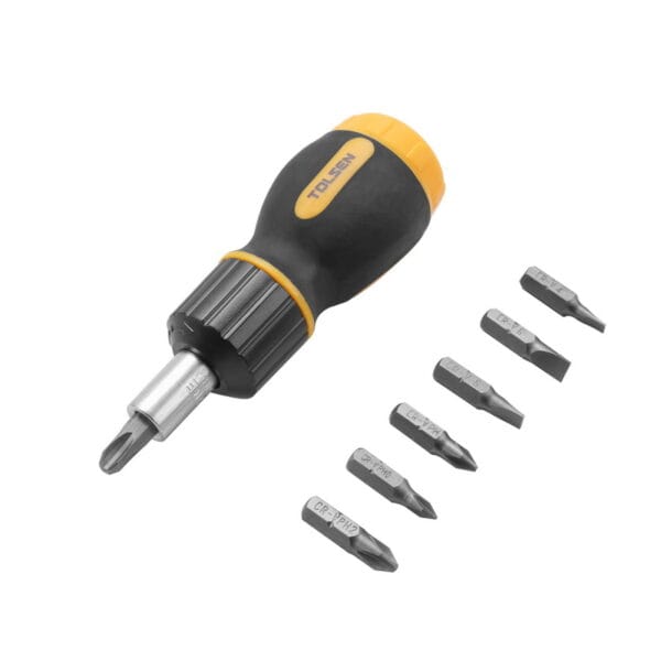 Tolsen stubby ratcheting screwdriver shown with assorted Phillips and Slotted chrome vanadium bits.