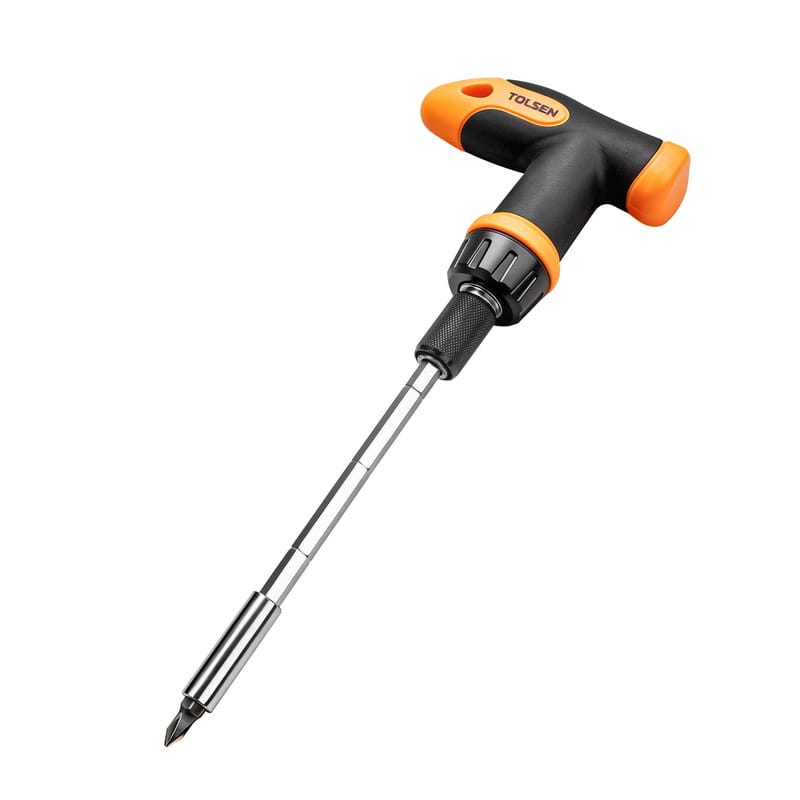 TOLSEN T-handle ratchet screwdriver fully assembled with an extension bar and a Phillips bit attached.