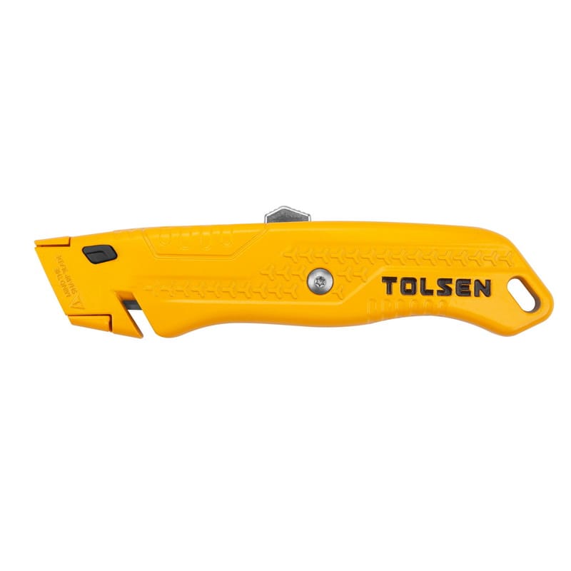Side profile view of Tolsen box cutter showing the integrated string cutter notch and lanyard hole design.