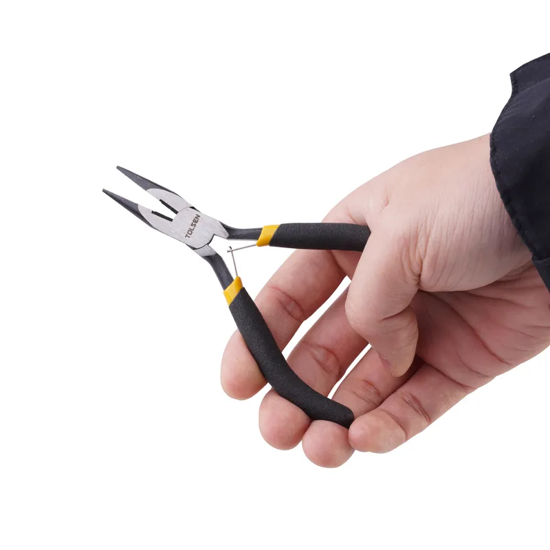 Close-up of hand holding Tolsen 4.5 inch mini long nose pliers