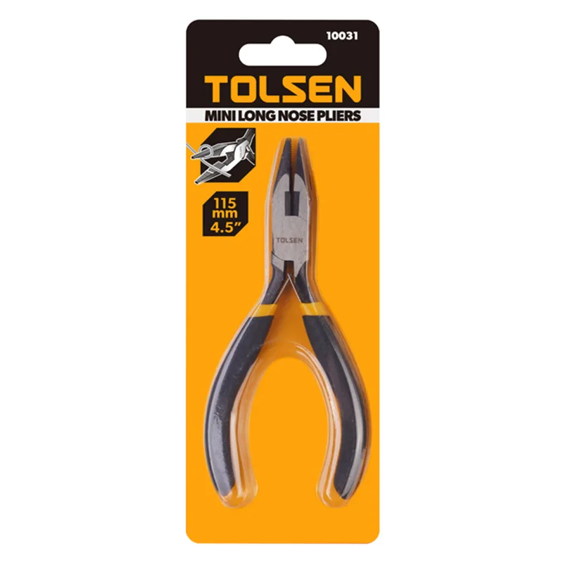 Tolsen 4.5 inch mini long nose pliers in clear plastic retail packaging
