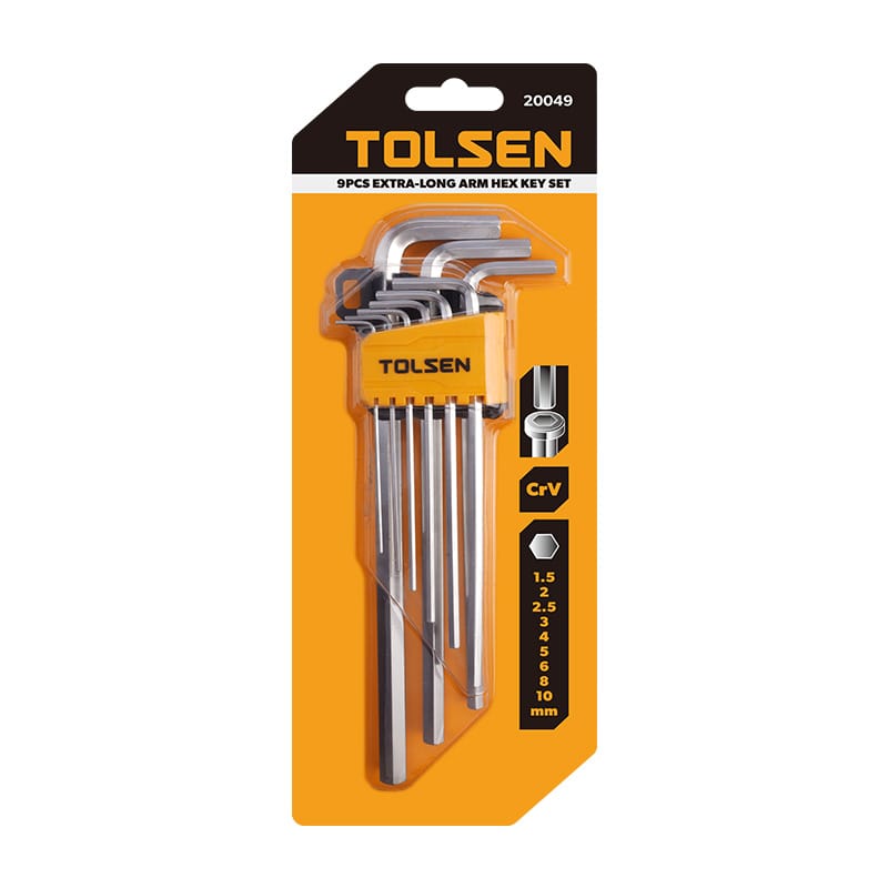 Tolsen 9pcs extra-long arm hex key set in retail packaging