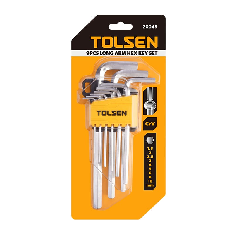 Tolsen 9pcs long arm hex key set in retail packaging