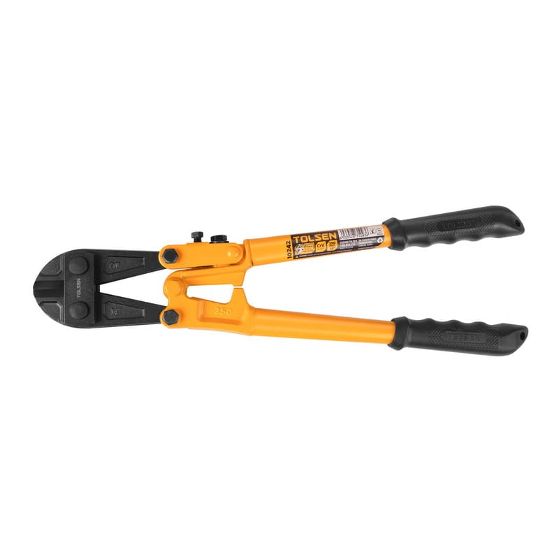 Full flat profile view of the TOLSEN 14-inch (350mm) bolt cutter, featuring yellow tubular steel handles and black ergonomic rubber grips.