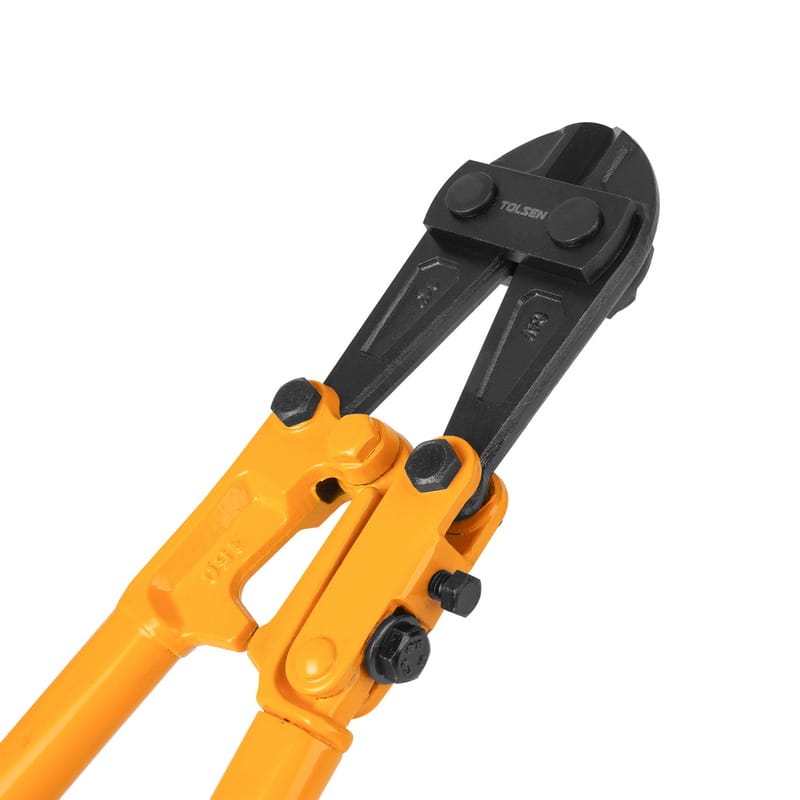 Close-up detail of the closed cutting head on the TOLSEN bolt cutter, highlighting the forged CrV steel jaws and the gap adjustment screws.