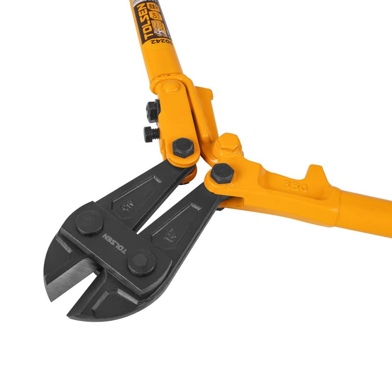Detailed view of the TOLSEN 14-inch bolt cutter with jaws open, revealing the sharp, high-strength cutting edges ready to cut through chains or padlocks.