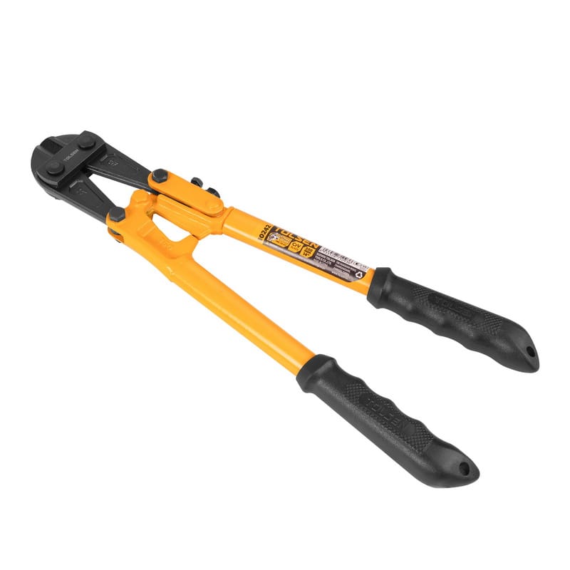 Angled profile view of the TOLSEN heavy-duty 14-inch bolt cutter, showcasing the robust jaw assembly and compound leverage design.