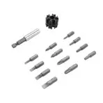 Included accessories for Tolsen screwdriver: magnetic extension bar and 12 assorted CR-V bits (Torx, Phillips, Slotted)