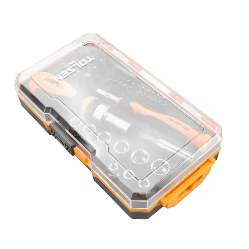 Tolsen 42pcs bits and sockets set packaged in a durable transparent plastic storage case