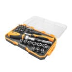 Open case of Tolsen 42-piece tool kit showing organized ratchet handle, precision screwdriver, sockets, and bit arrays