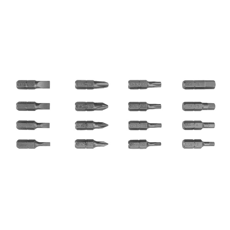 Close-up detail of Tolsen Chrome Vanadium (CR-V) screwdriver bits including Hex, Torx, Phillips, and Slotted types