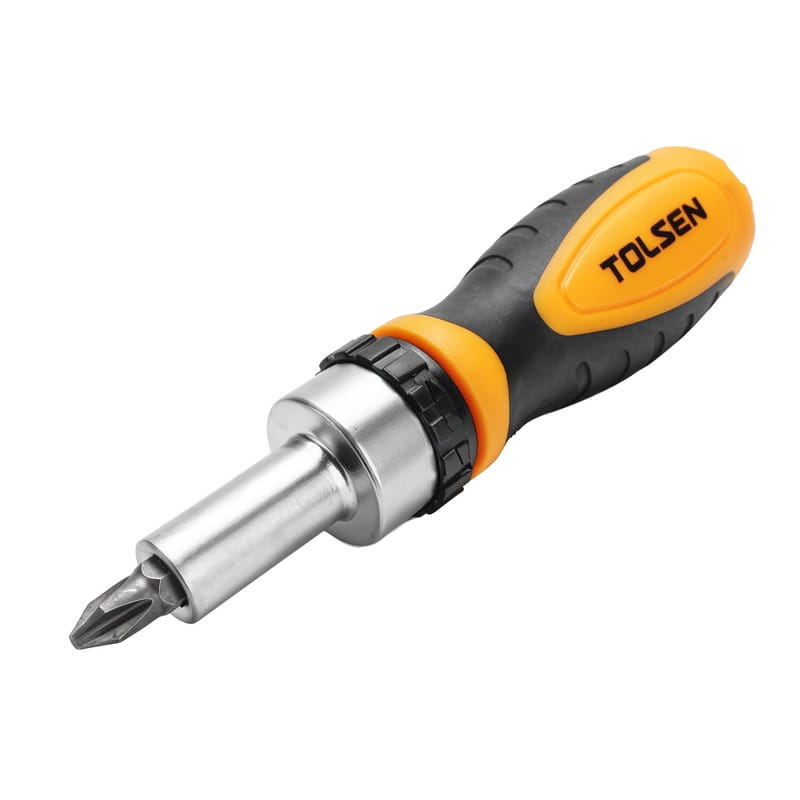 Tolsen ergonomic ratchet handle fitted with a screwdriver bit for fastening screws