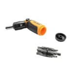 Tolsen screwdriver with pivoted handle and removed end cap revealing the bit storage magazine