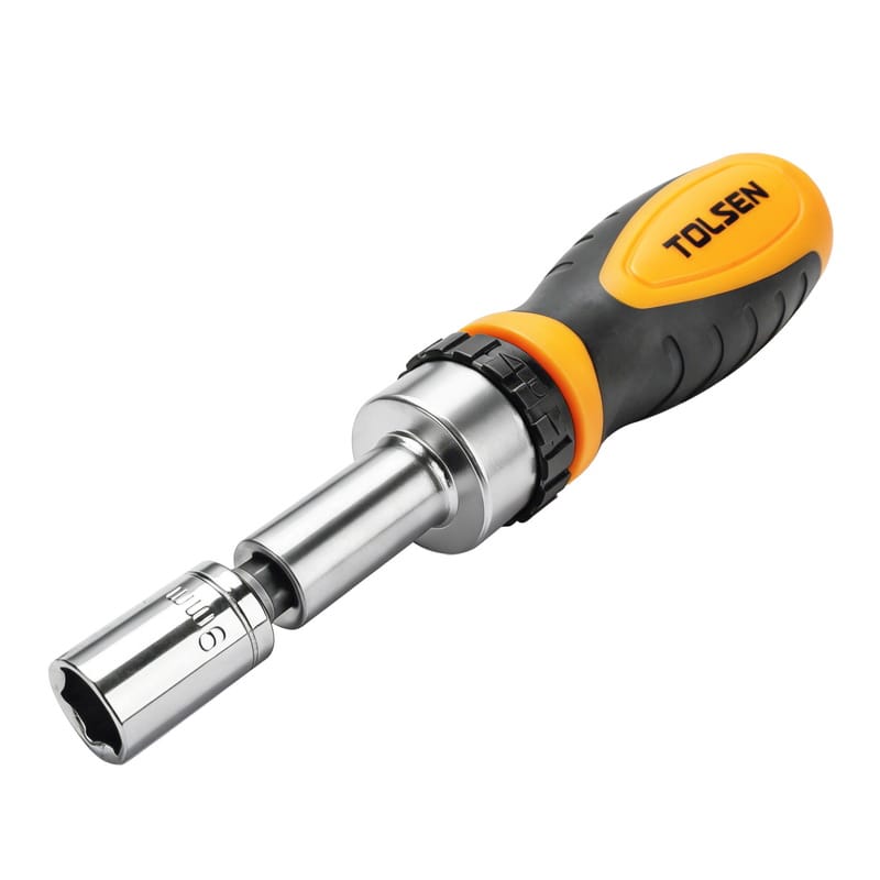 Tolsen ratcheting driver handle equipped with a metric socket for bolt and nut tightening