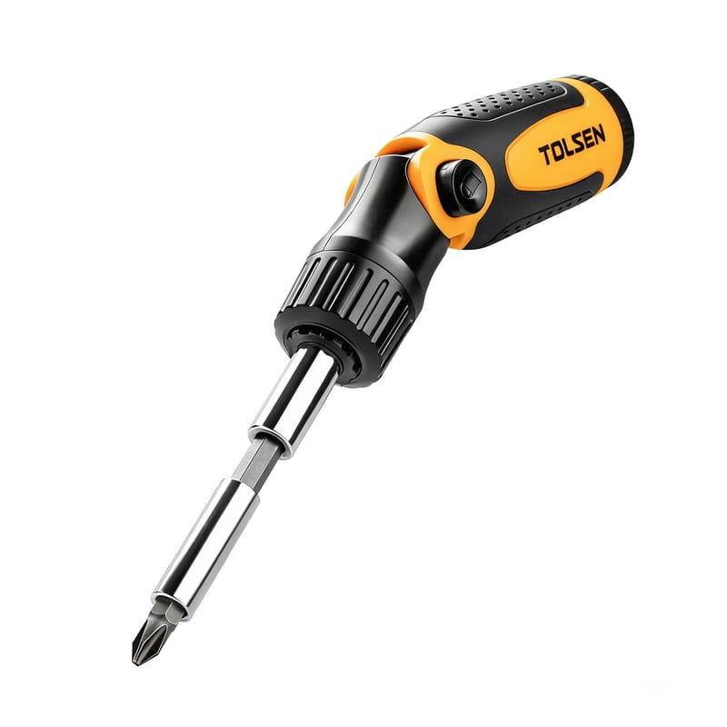 Tolsen ratcheting screwdriver with adjustable pivot handle in angled pistol-grip position